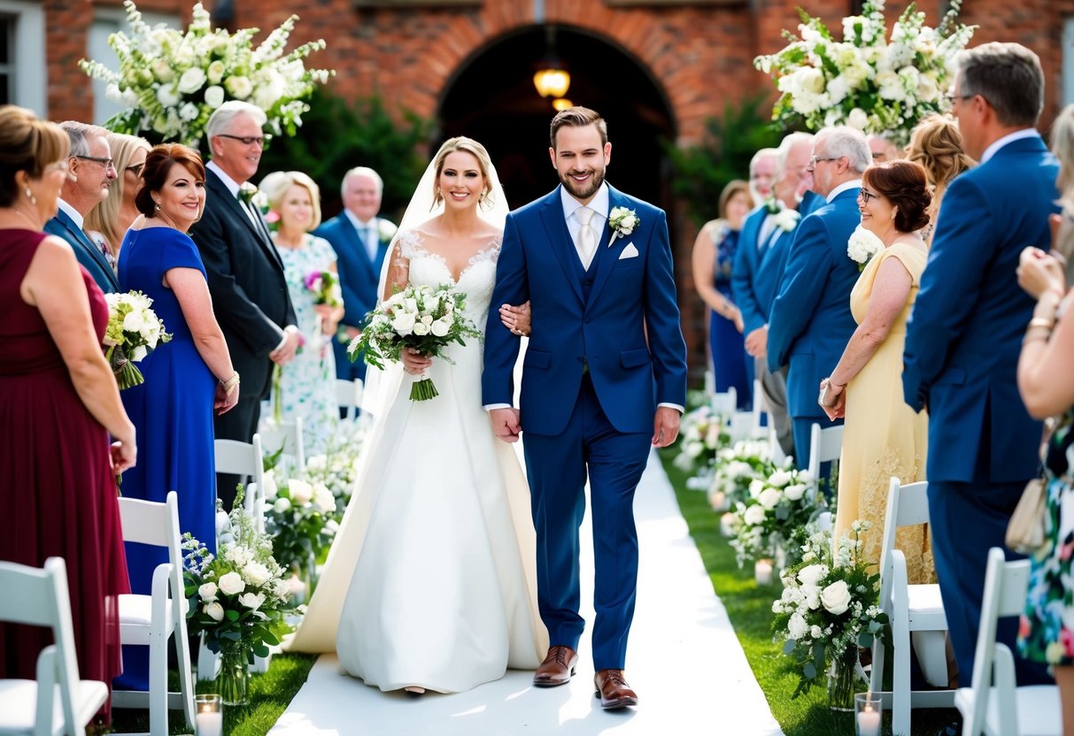 A bride and groom walk down the aisle together, surrounded by family and friends, as the traditional wedding recessional music plays in the background