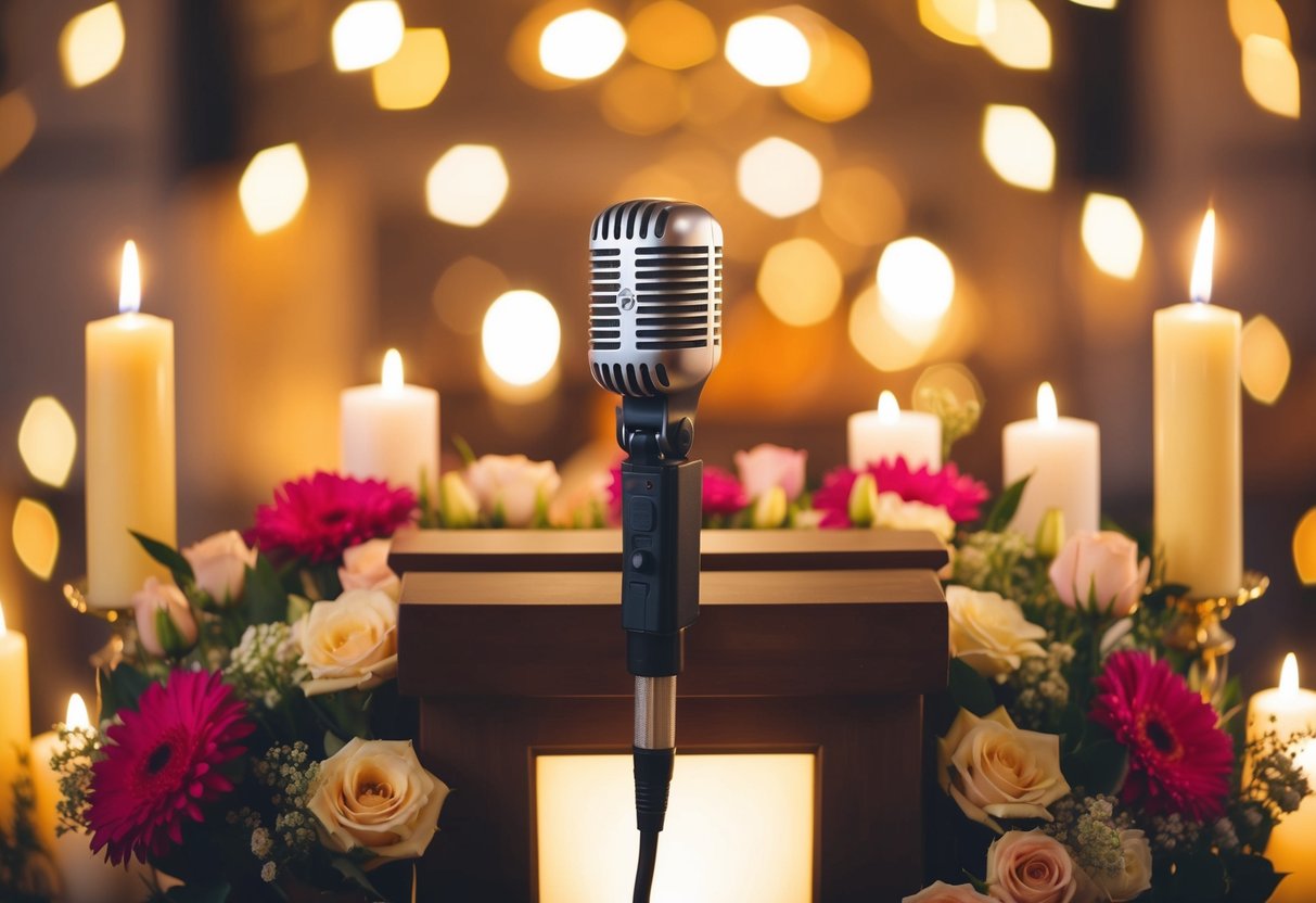 A microphone on a podium, surrounded by flowers and candles, with a warm and inviting atmosphere
