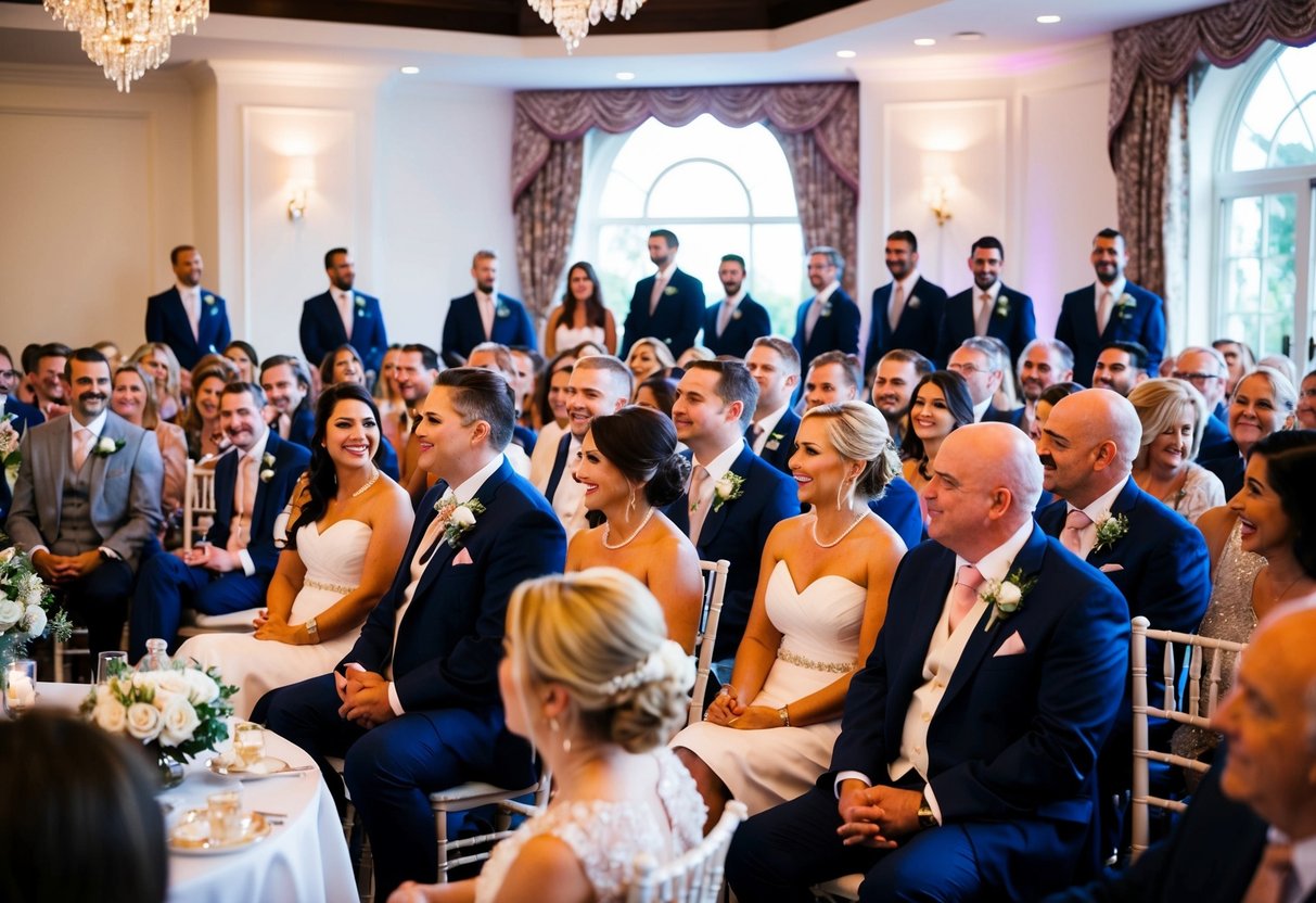A group of people gathered in a beautifully decorated wedding venue, with a microphone set up on a stage. The audience is seated, eagerly anticipating the start of the speeches