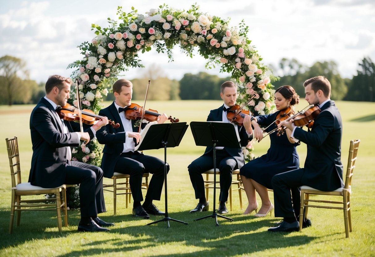 A string quartet performs under a floral arch at a wedding