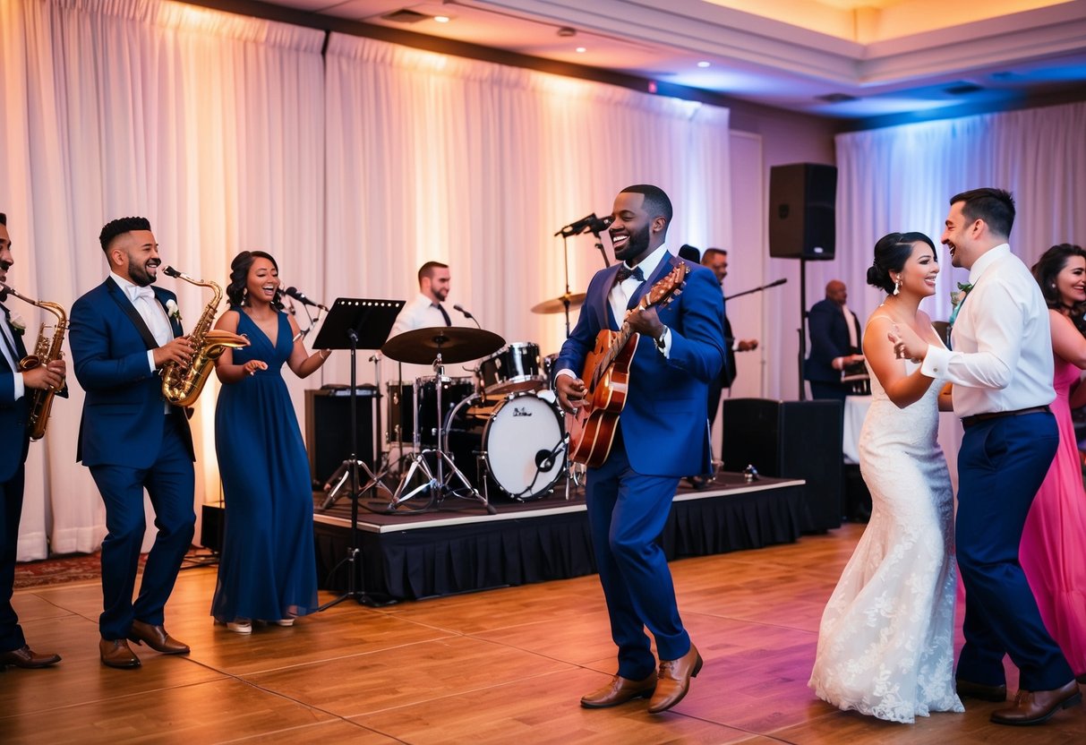 A band plays upbeat music on a stage while guests dance at a wedding reception