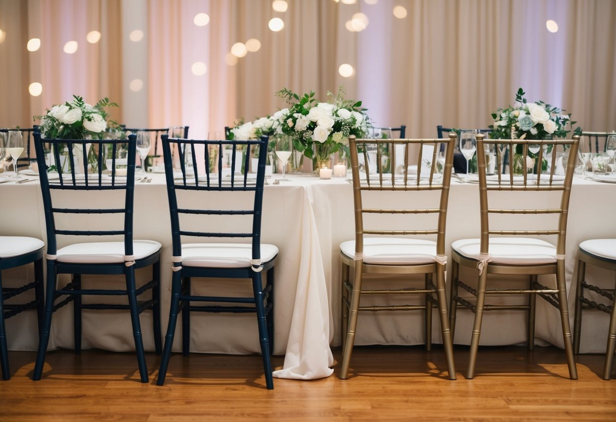 A group of empty and occupied chairs at a wedding reception, with a clear distinction between the two