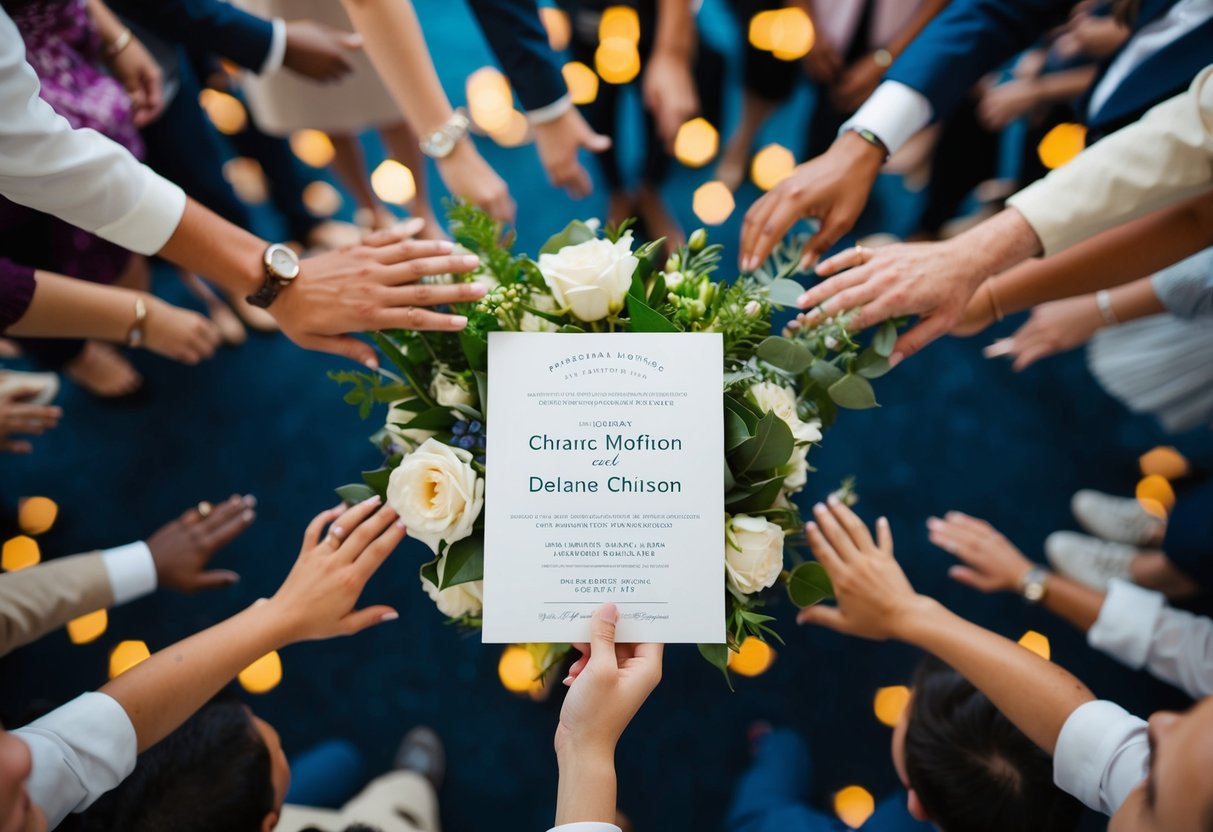 A wedding invitation surrounded by a crowd of people, with some approaching and others walking away