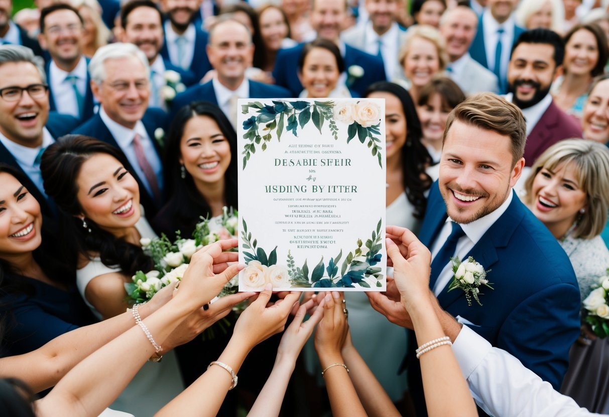 A beautiful wedding invitation surrounded by a crowd of diverse and joyful guests