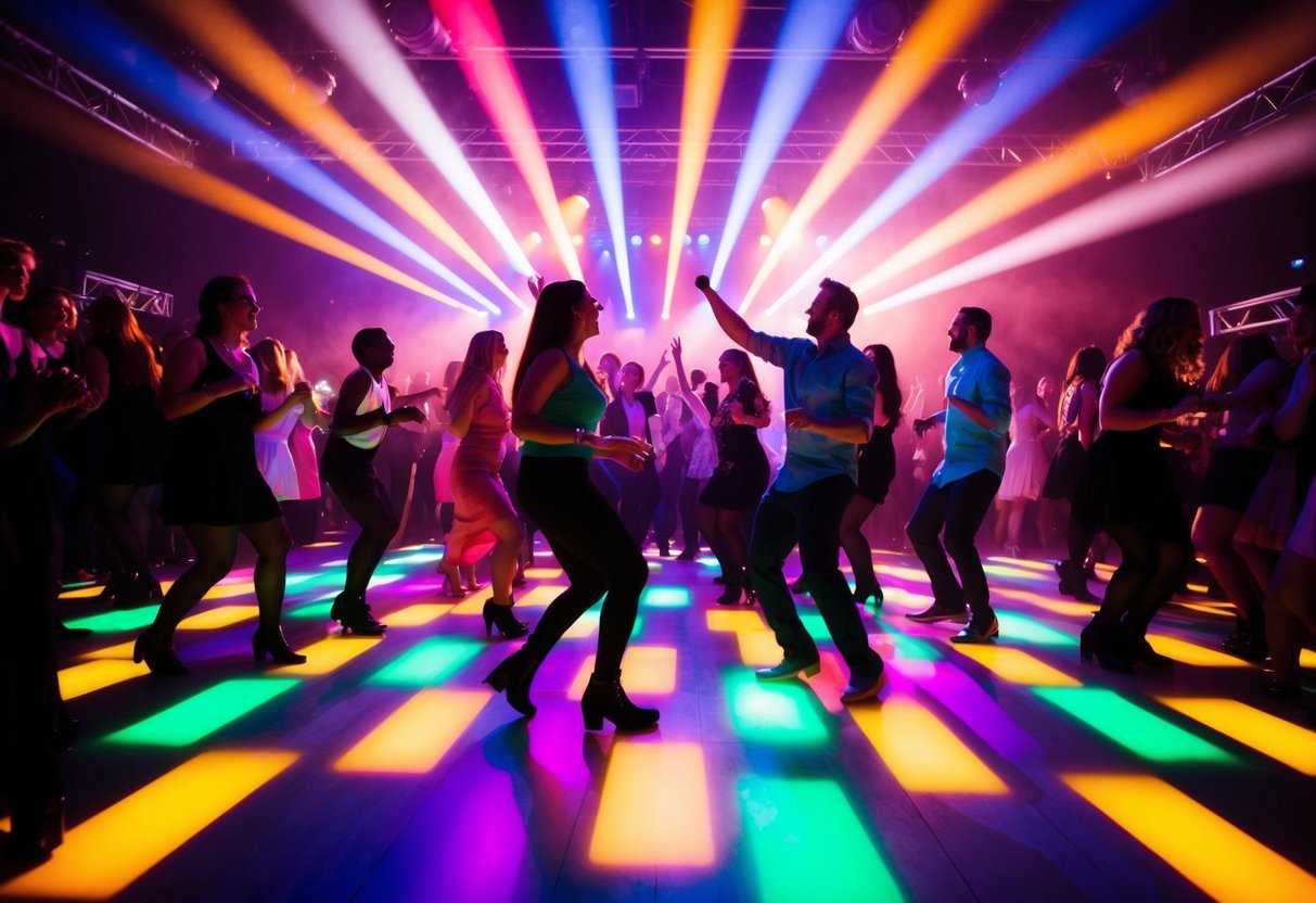 Colorful lights flash as a crowded dance floor pulses to the beat of an upbeat song, filling the air with energy and joy