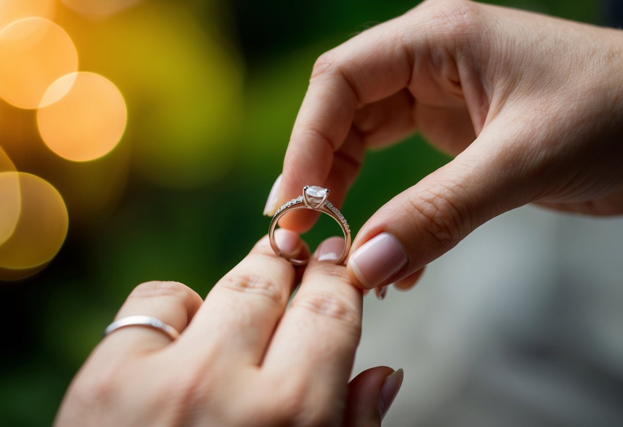 A wedding ring being placed on a finger, symbolizing the union of two people and the decision of which last name to use first when married