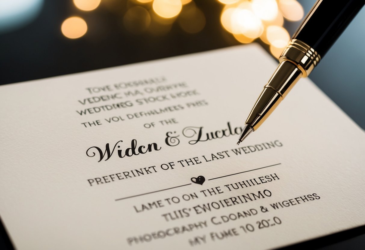 Two last names on a wedding invitation, with a pen hovering over them