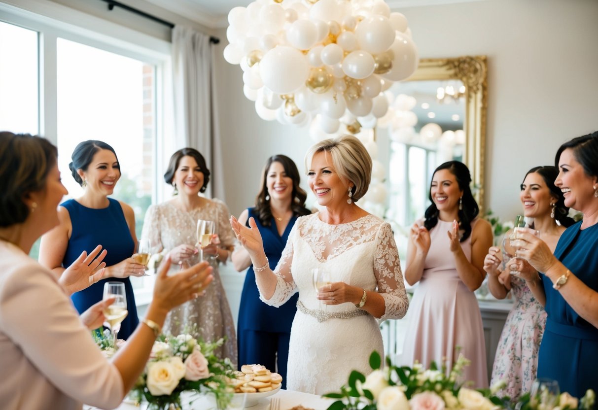A mother of the bride gracefully hosting a bridal shower, surrounded by elegant decorations and joyful guests
