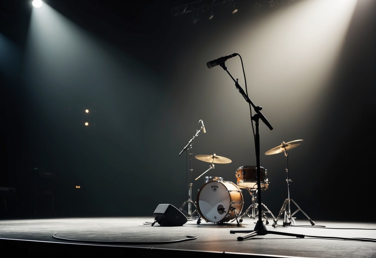 A spotlight shines on an empty stage with a microphone stand and instruments set up, waiting for a performer to walk on and start the show