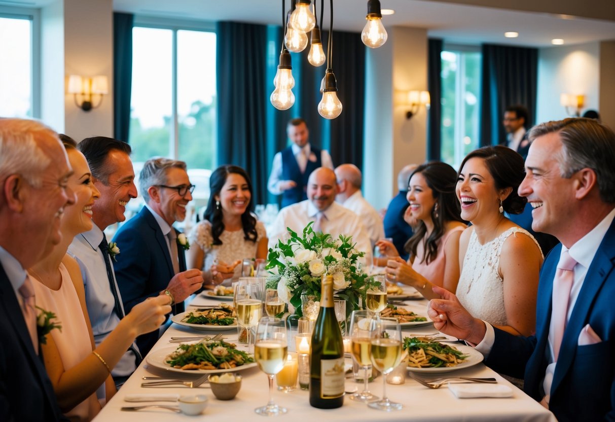 Family and close friends gather at a restaurant for the wedding rehearsal dinner. Laughter and conversation fill the room as everyone enjoys a meal together