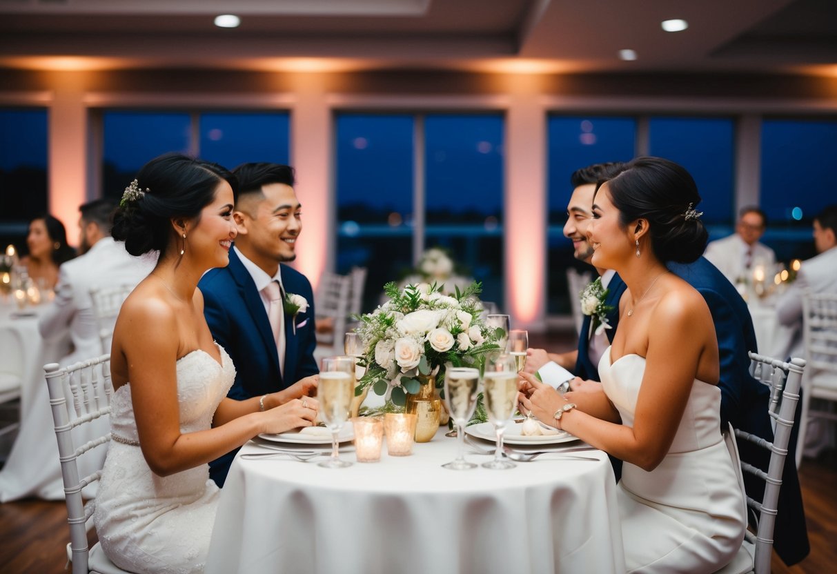 Couples seated across from each other at a wedding reception table