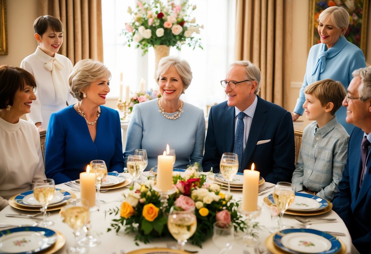 Parents sit at a round table with elegant table settings, surrounded by other family members. The table is adorned with flowers and candles, creating a warm and welcoming atmosphere