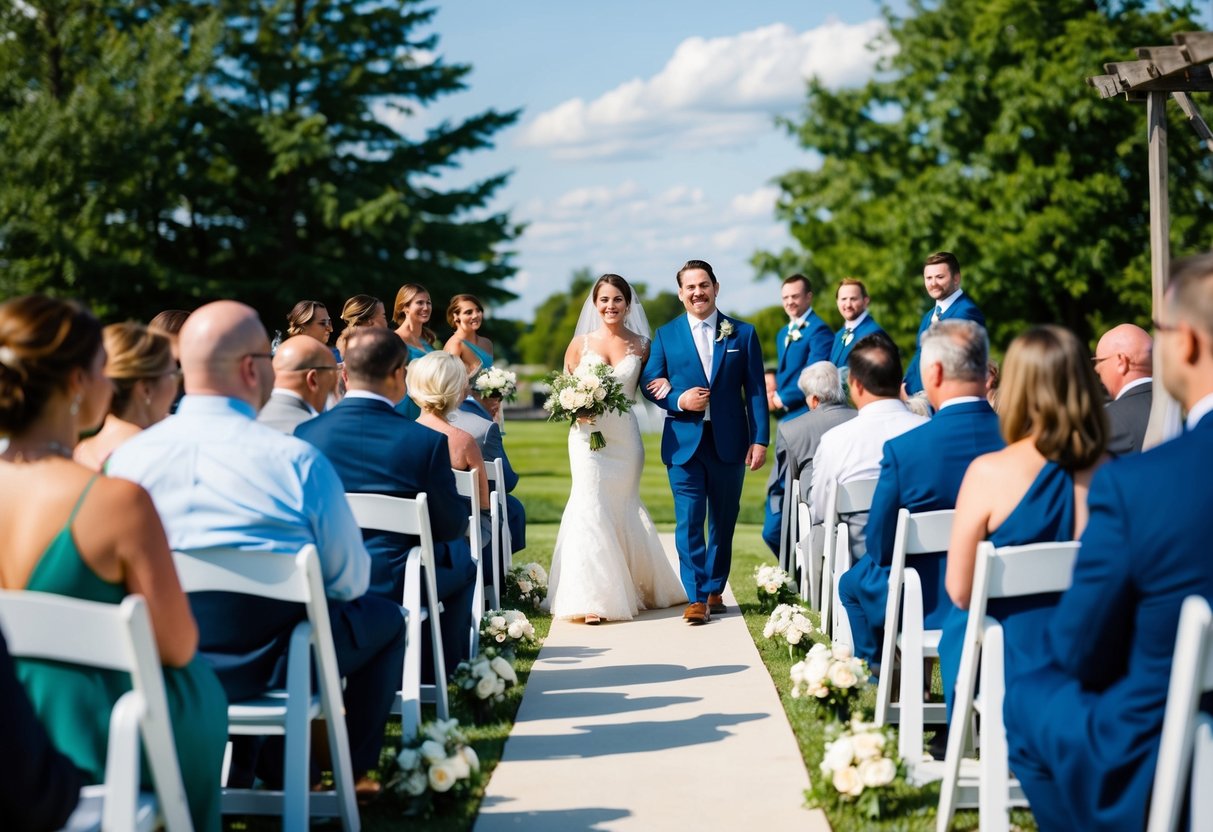 A sunny outdoor wedding ceremony at 4pm with guests seated and the bride walking down the aisle