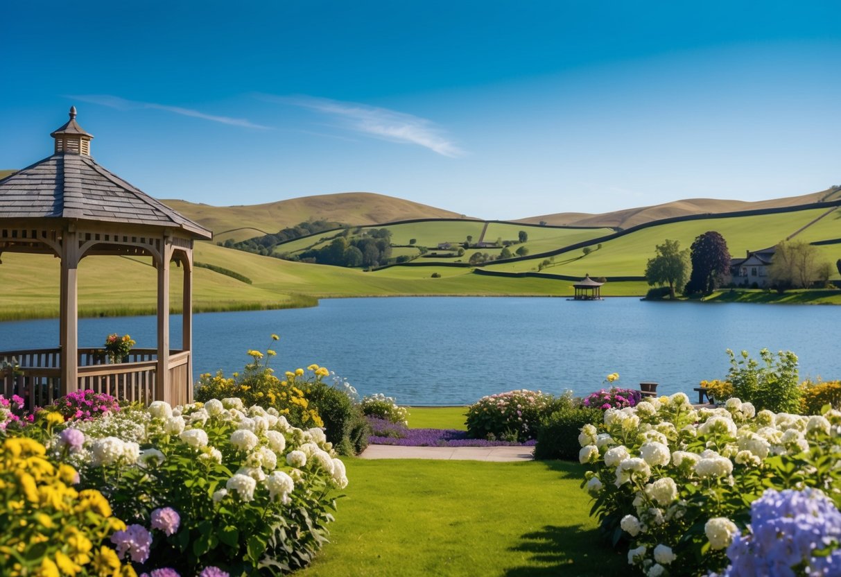 A sunny outdoor setting with a picturesque backdrop of rolling hills and a serene lake, surrounded by blooming flowers and greenery, with a charming gazebo in the distance