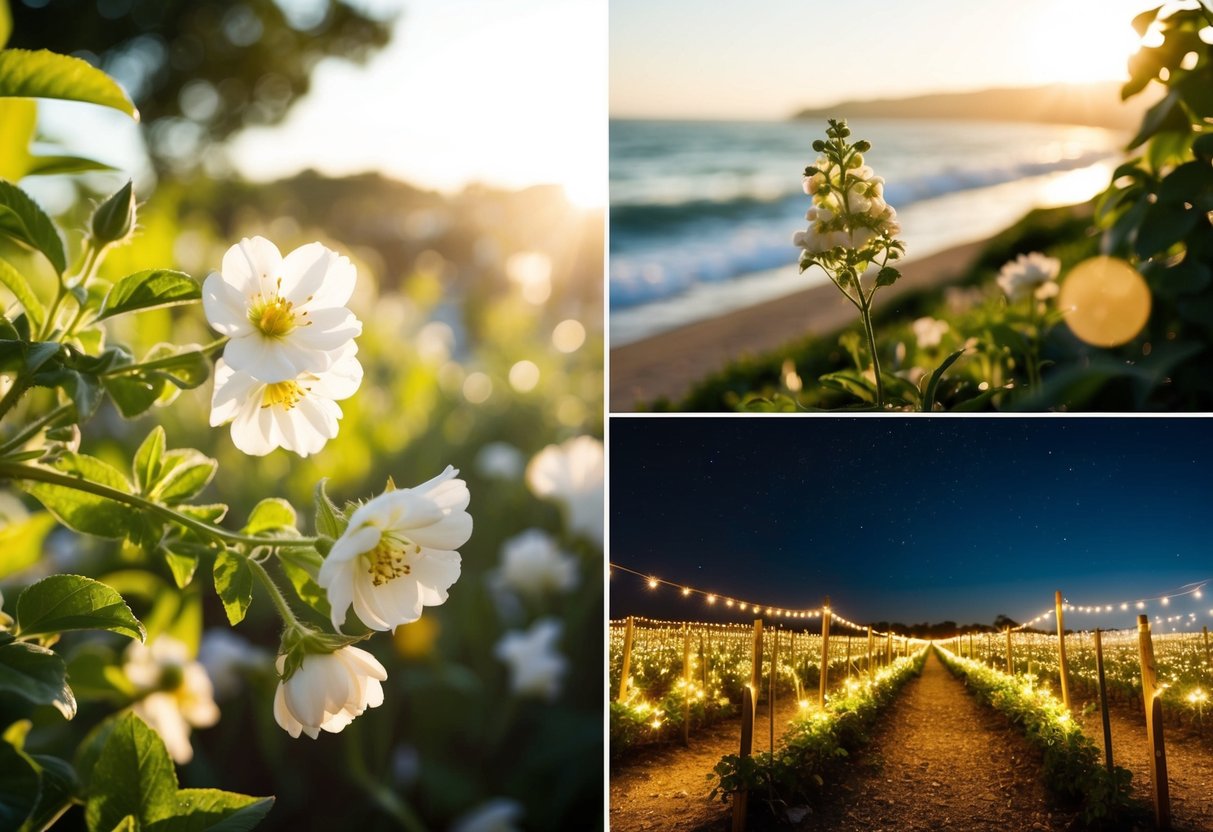 Morning: Soft sunlight filters through a garden, casting a warm glow on blooming flowers. Afternoon: A beach ceremony is bathed in golden light as waves crash in the background. Evening: A romantic vineyard is illuminated by twinkling lights under a starry sky