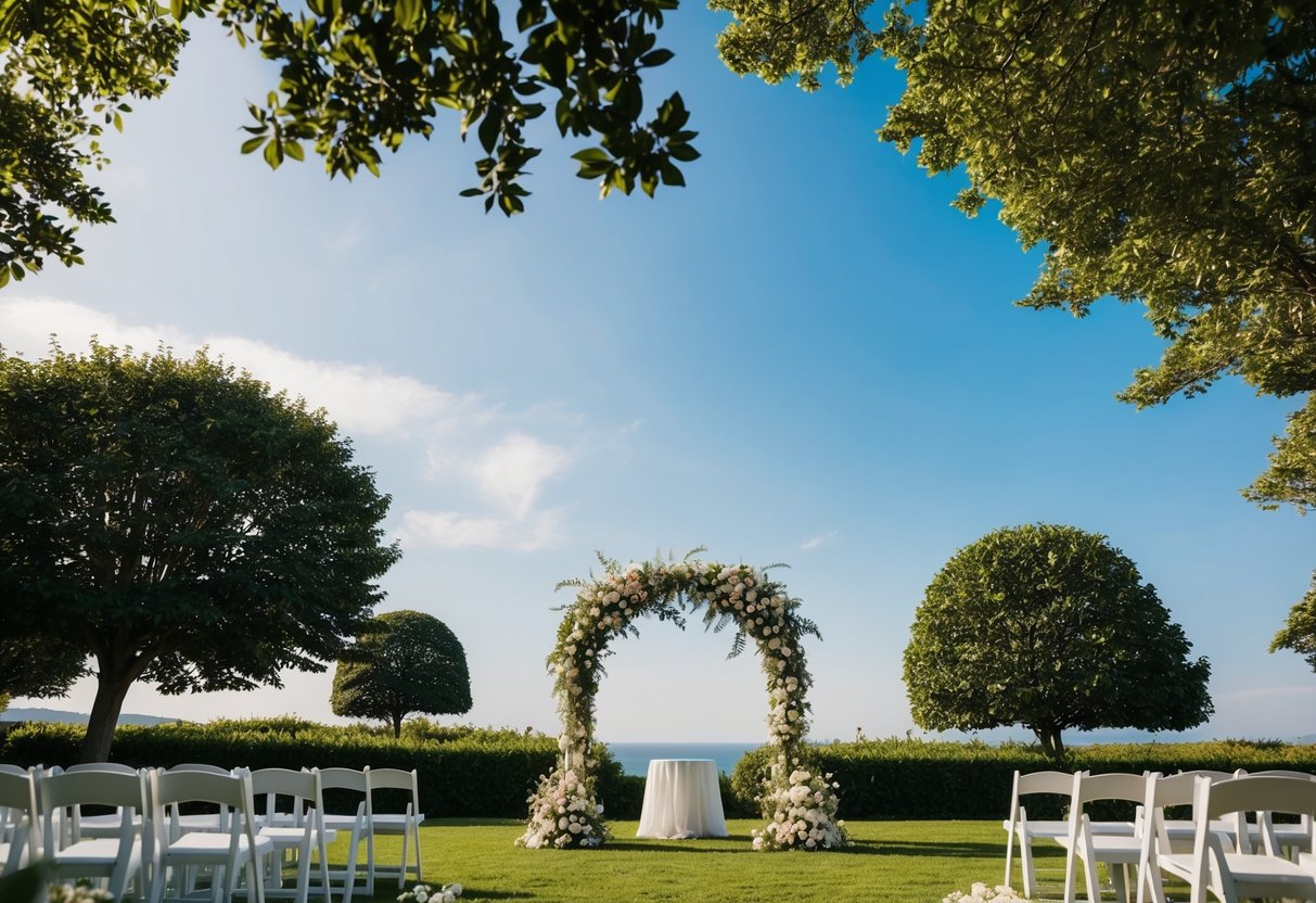A serene outdoor setting with a clear blue sky, lush greenery, and a beautiful arch adorned with flowers, set for a wedding ceremony