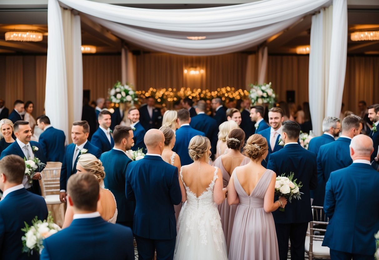 Guests and wedding party gather in a decorated venue for the rehearsal