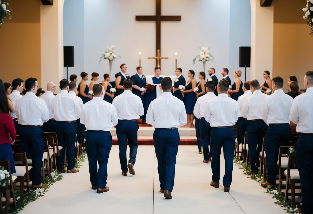 A group of people gathers in a church or outdoor venue, standing in formation as they practice the ceremony and procession for an upcoming wedding