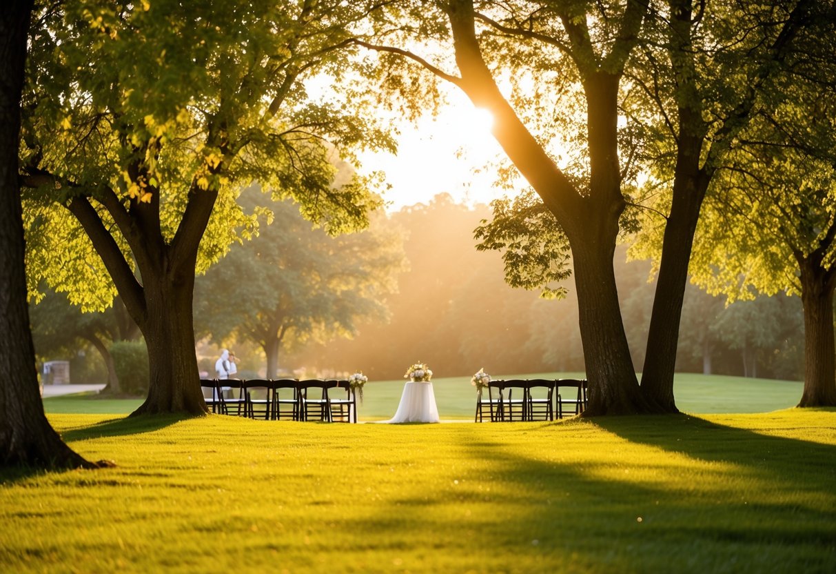 A serene setting with a soft golden light filtering through the trees, casting a warm glow over a picturesque outdoor wedding venue