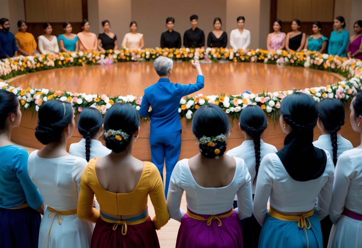 A group of individuals stand in a semi-circle, facing a raised platform adorned with flowers and fabric. They watch as a figure gestures and directs them in their positions