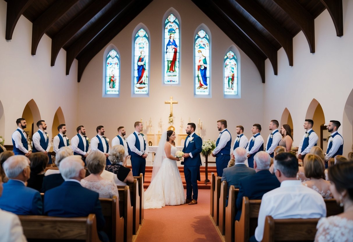 A group of people gathered in a church, watching the bride and groom practice their vows and movements for the upcoming wedding ceremony