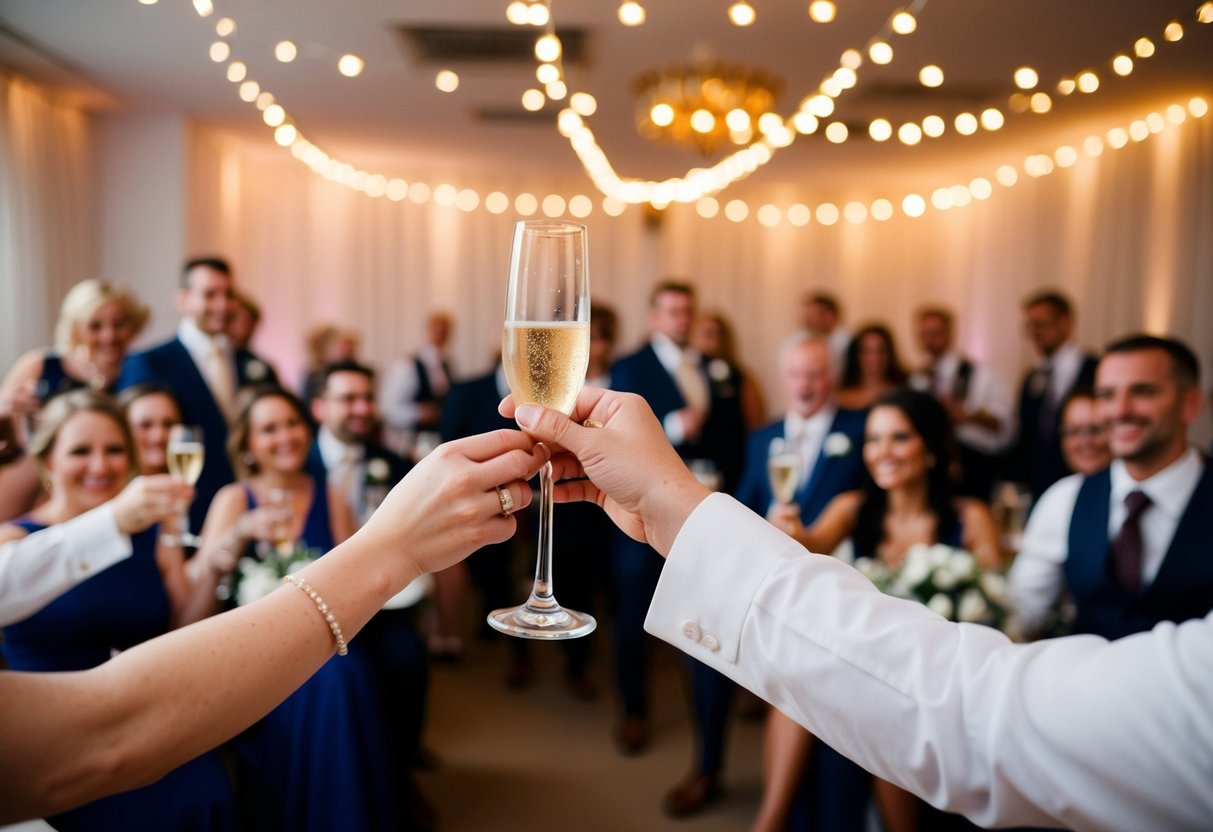 A champagne glass is raised in a room filled with smiling faces and twinkling lights, as the first toast is given at a wedding reception
