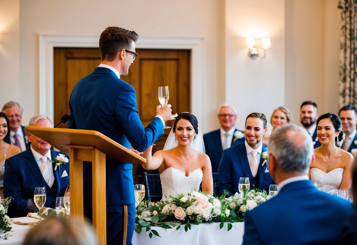 A person stands at a podium, raising a glass to give the first wedding toast. The newlyweds are seated at the center of the room, surrounded by family and friends