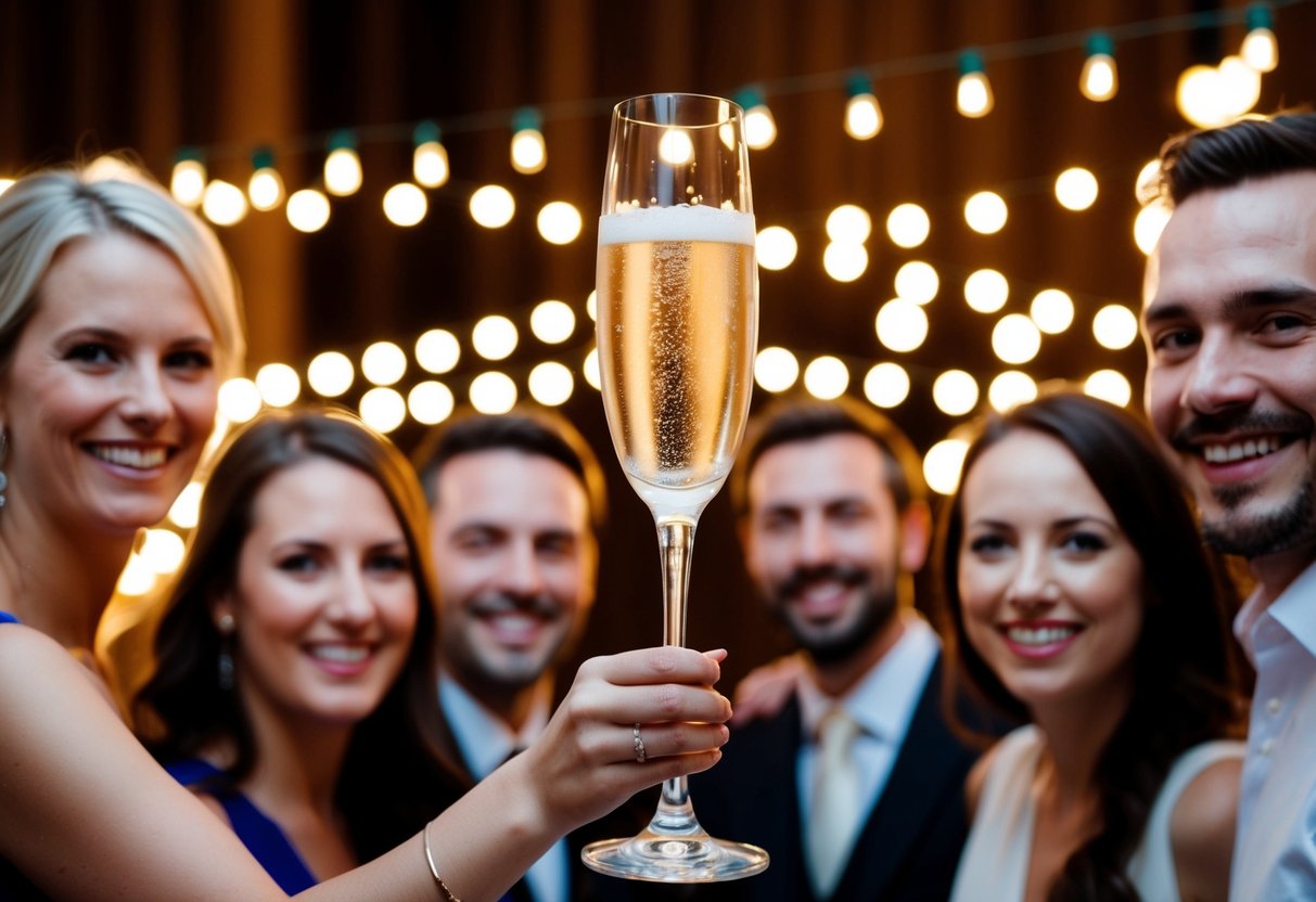 A champagne glass raised high, surrounded by smiling faces and twinkling lights