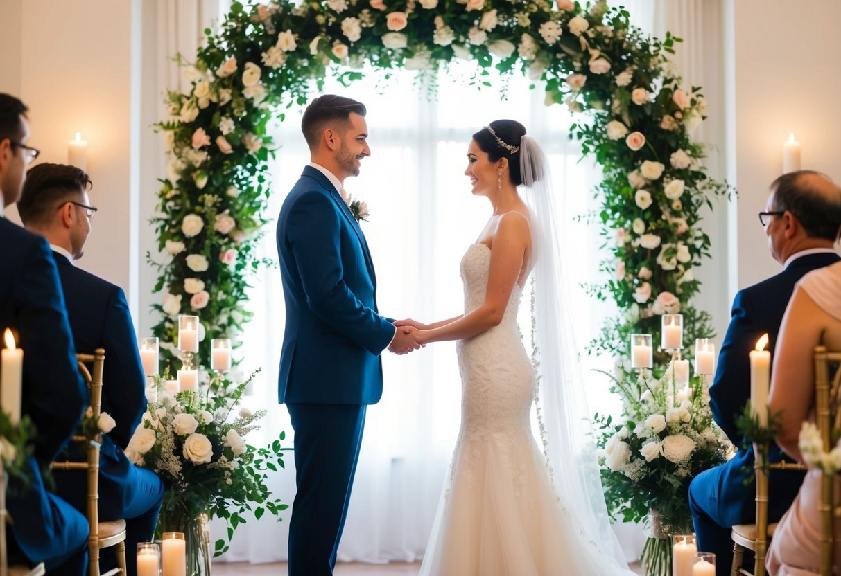 A bride and groom stand facing each other, surrounded by flowers and candles, exchanging vows in a traditional ceremony