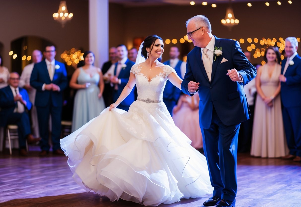 The bride is twirled by her father on the dance floor