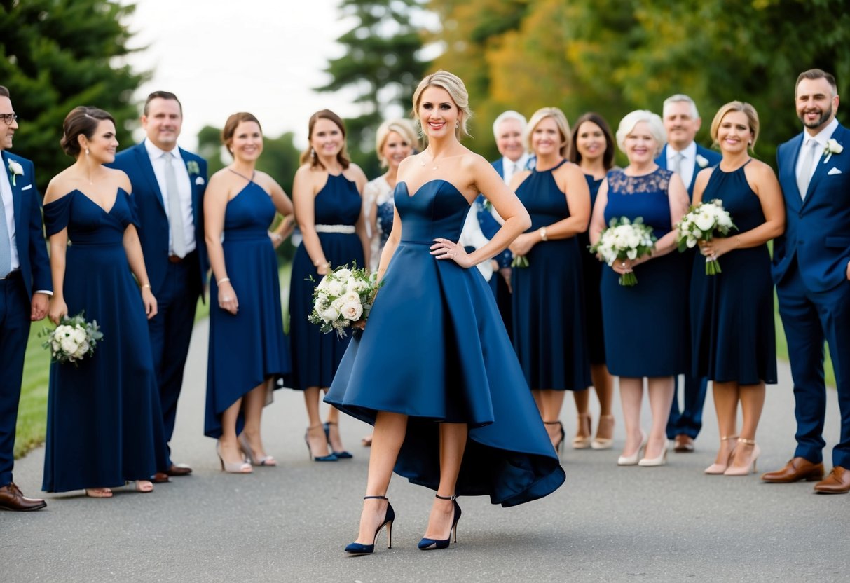 A woman in an elegant navy blue dress and matching heels, standing with a group of wedding guests