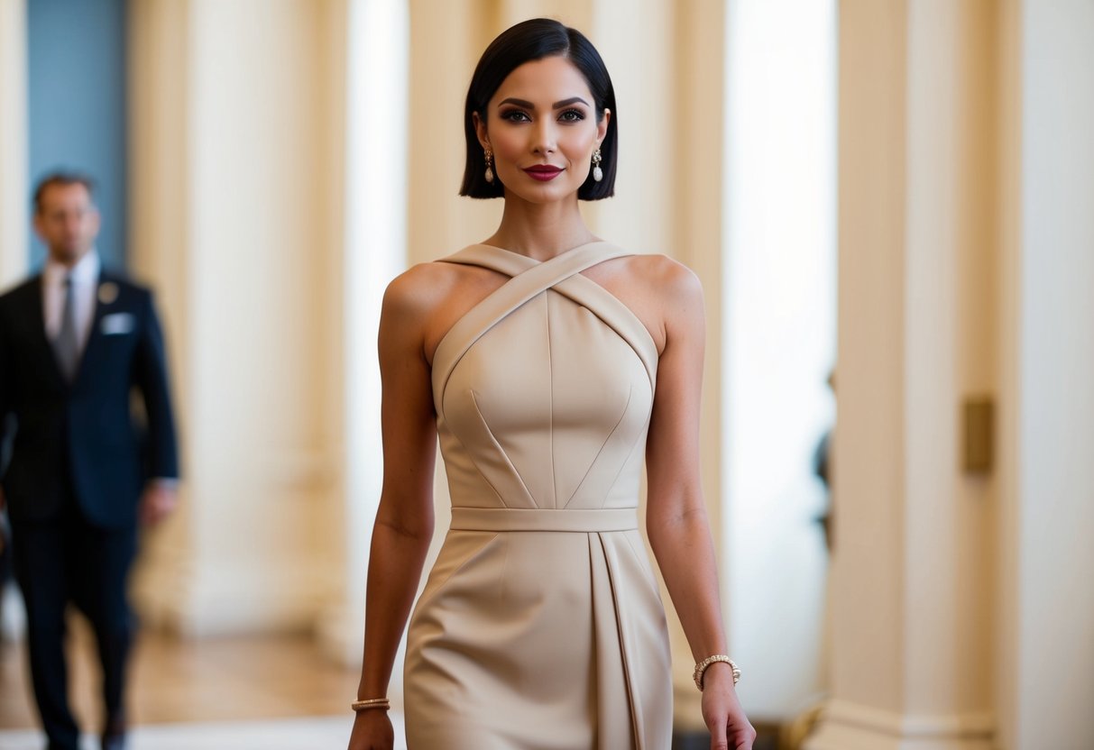 A woman in a sophisticated, elegant dress in a neutral color, standing in a formal setting