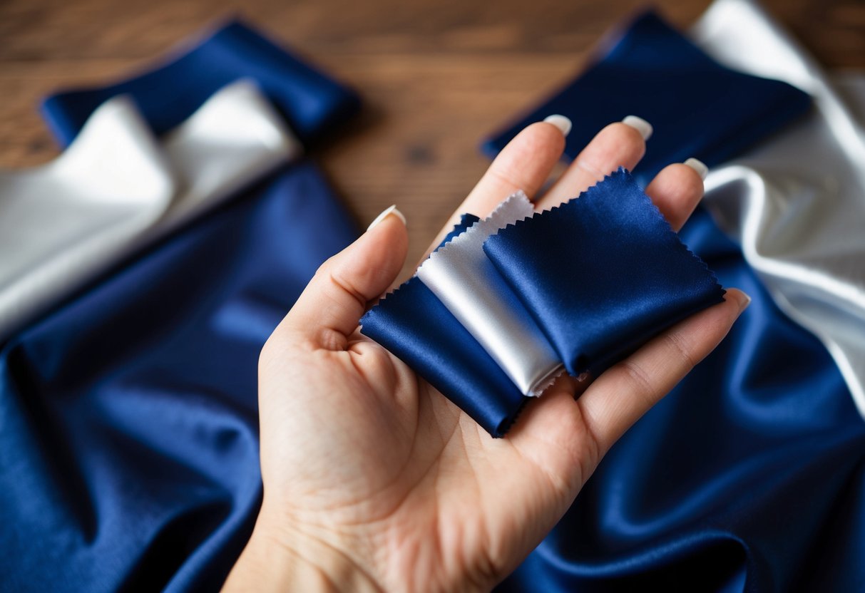 A woman's hand holding swatches of navy blue and silver fabric