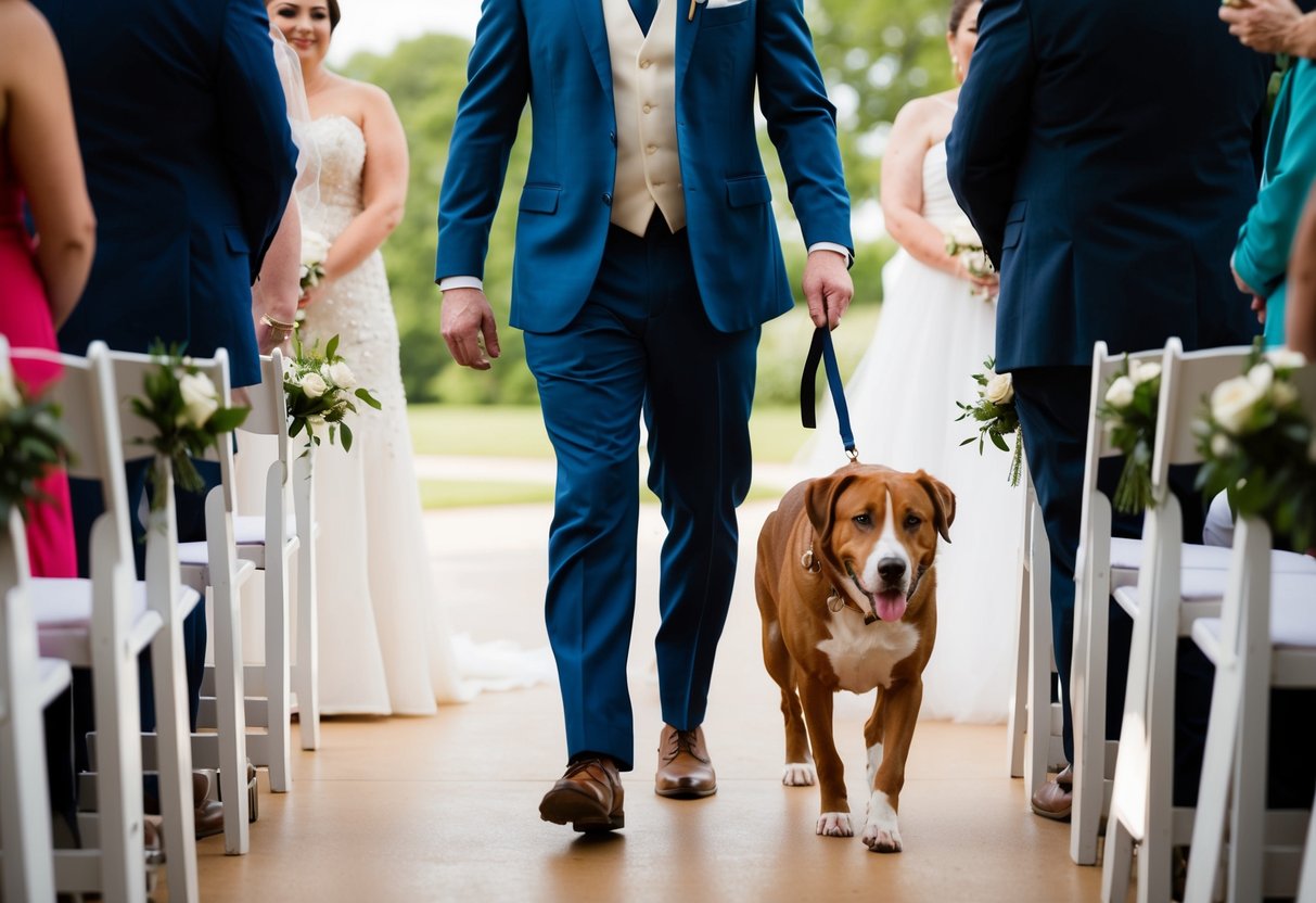 The groom walks down the aisle with a loyal companion