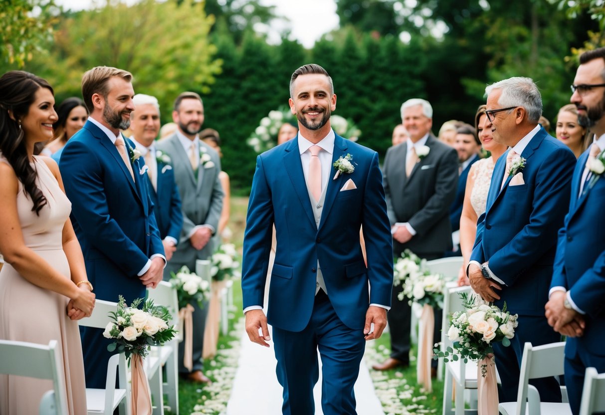 The groom walks down the aisle with a sense of purpose and anticipation, surrounded by the love and support of his family and friends
