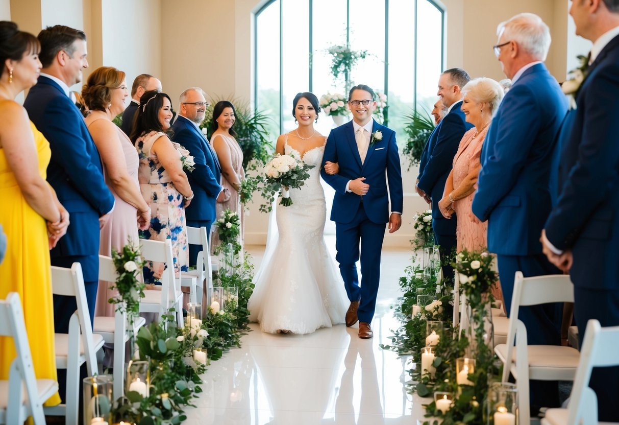 The groom walks down the aisle with a family member or close friend in many cultures, symbolizing support and unity