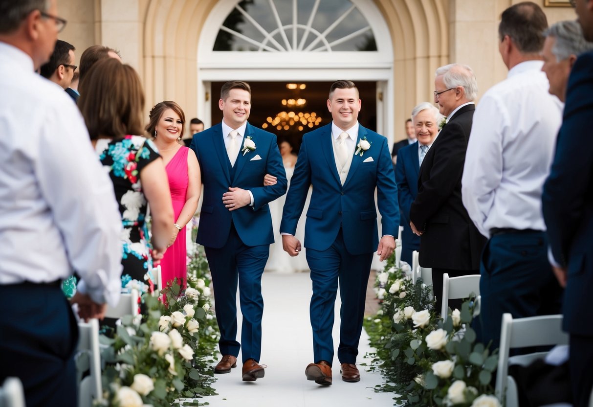The groom walks down the aisle with the best man