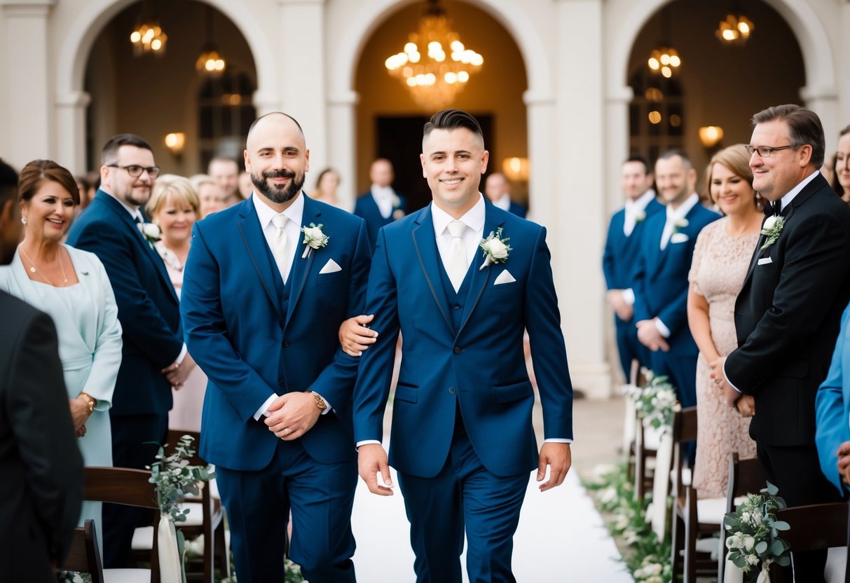 The groom walks down the aisle with his best man