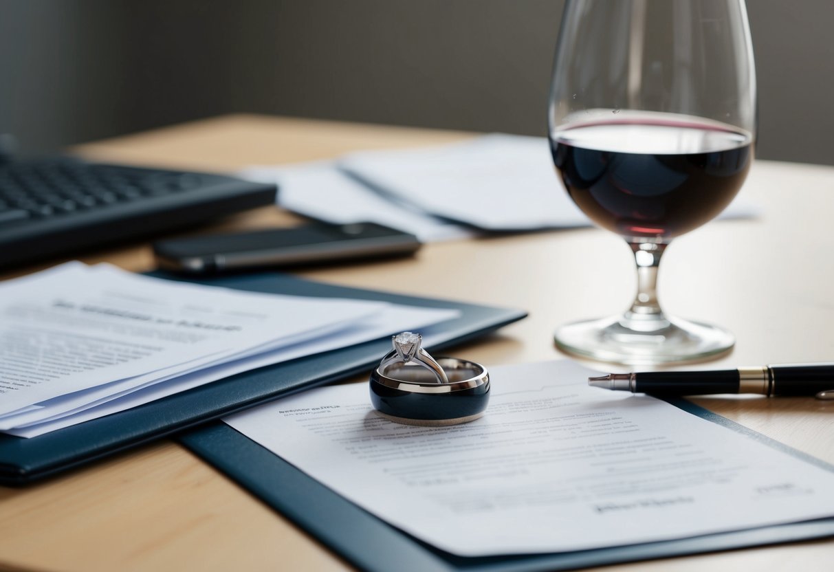 A wedding ring lies abandoned on a cluttered desk, surrounded by legal documents and a half-empty glass of wine
