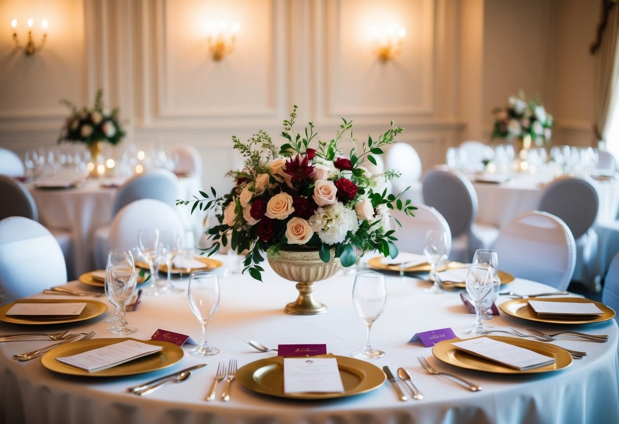 A beautifully decorated head table with elegant place settings and floral centerpieces
