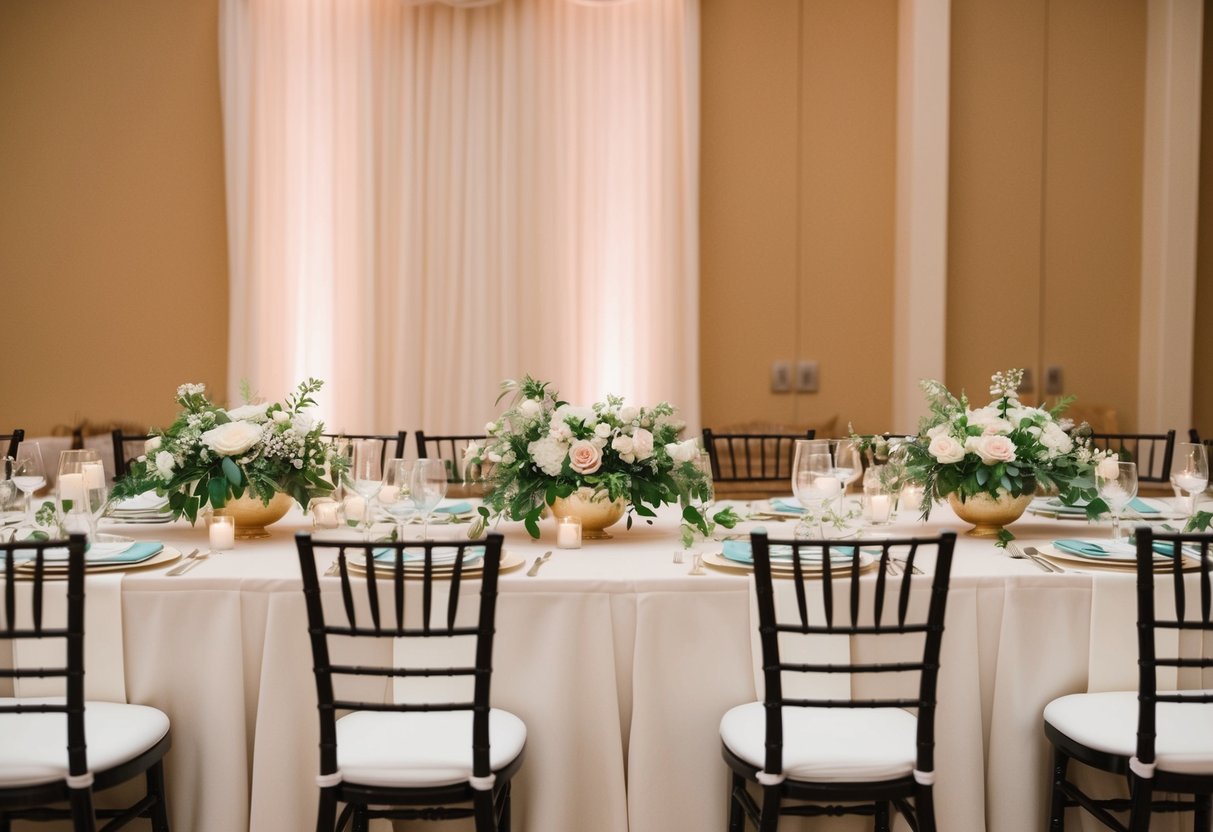 A beautifully decorated head table with elegant place settings and floral centerpieces, positioned prominently at the front of the reception hall