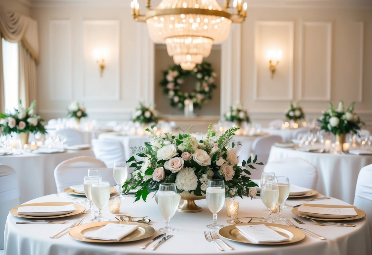 A beautifully decorated head table with elegant place settings and floral centerpieces, set for the key members of the wedding party