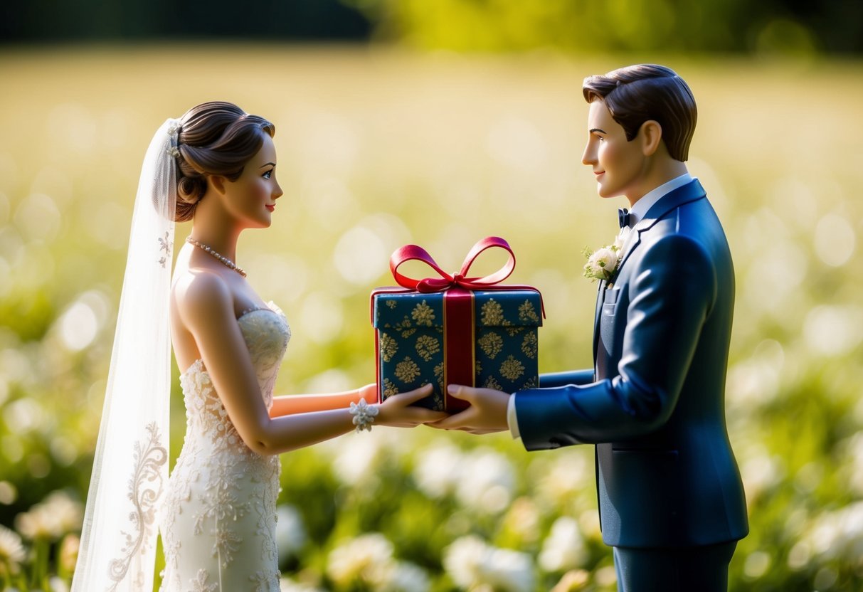 A figure presents a symbolic gift to the bride, signifying their support and blessing as she begins her new journey