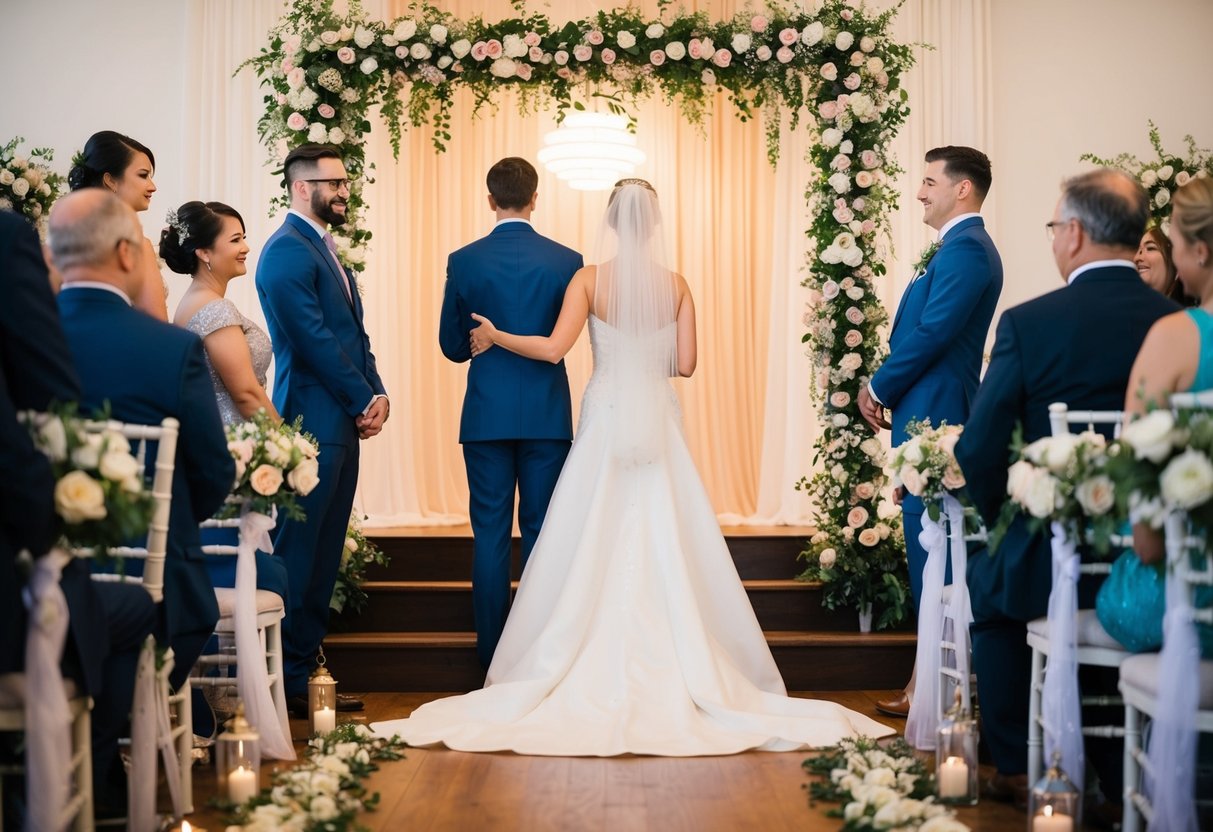 A figure stands before a bride and groom, symbolizing the act of giving away. The setting is a traditional wedding ceremony, with flowers and decorations adorning the space