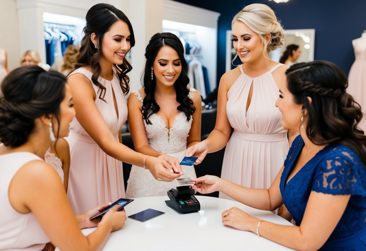 A group of bridesmaids gather around a table, as one of them hands over a credit card to the cashier at a bridal boutique