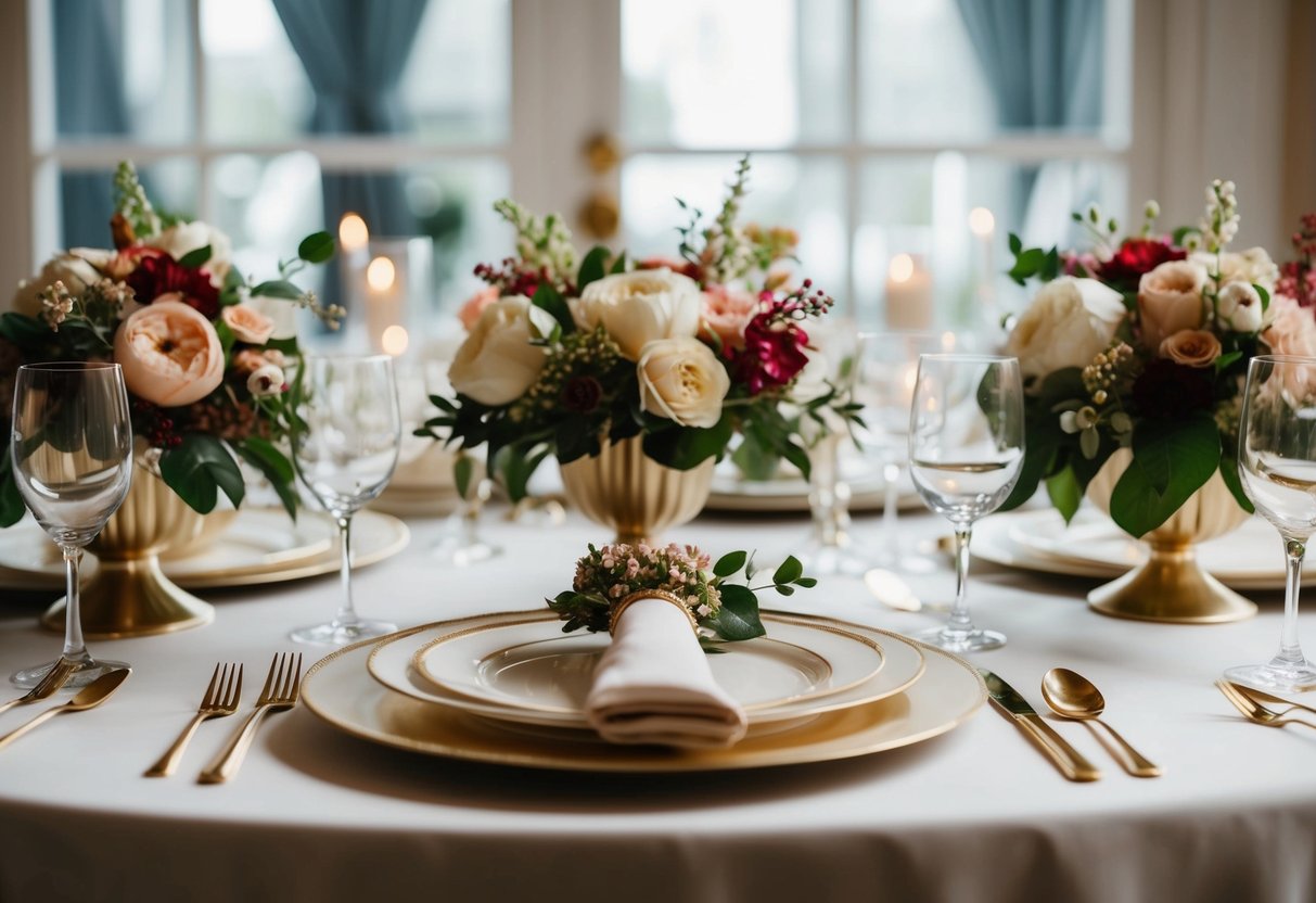 A beautifully decorated table with elegant place settings and floral centerpieces