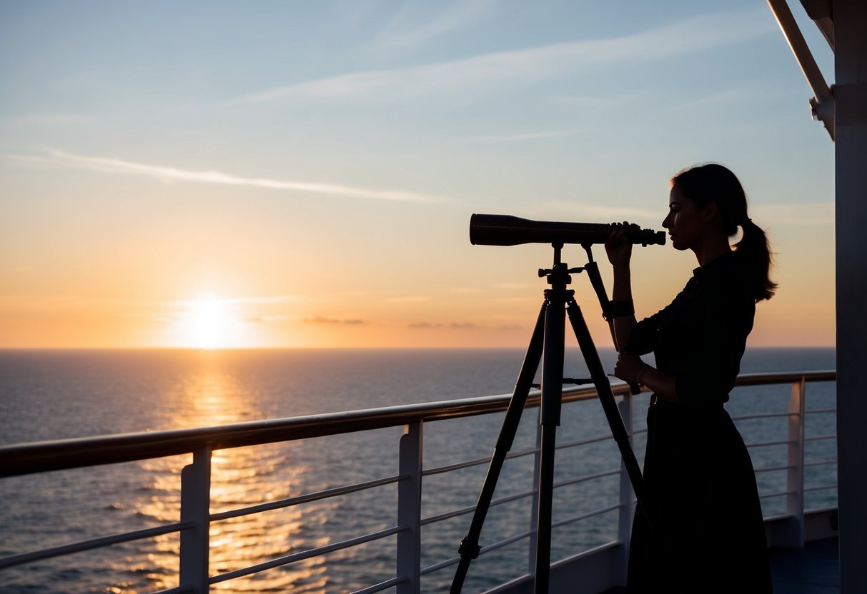 A woman's silhouette stands on the deck of a ship, gazing out to sea with a telescope in hand. The sun sets behind her, casting a warm glow over the ocean