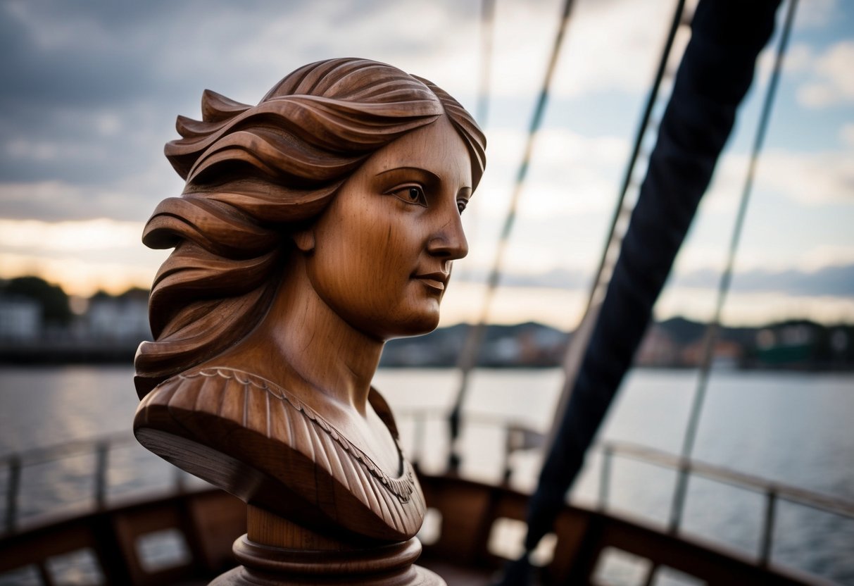 A wooden figurehead of a woman with flowing hair and a stern expression, positioned at the bow of a ship