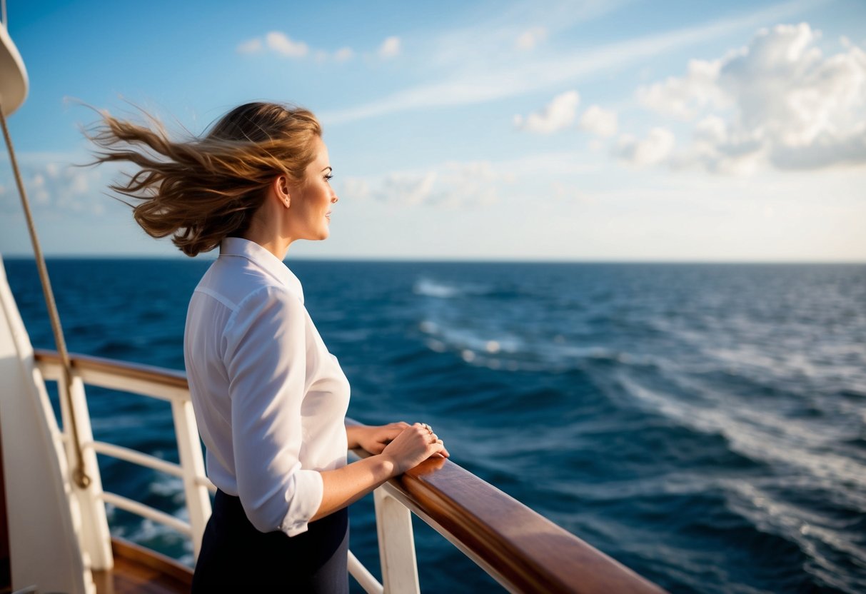 The captain's wife stands on the deck, gazing out at the open sea, her hair blowing in the wind as the ship sails on