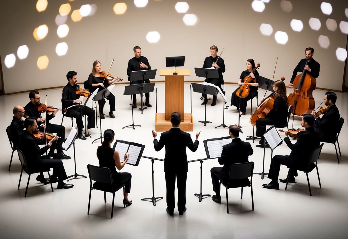A group of musicians gather in a spacious studio, their instruments arranged in a semi-circle. A music stand holds sheet music, and a conductor's podium stands in the center